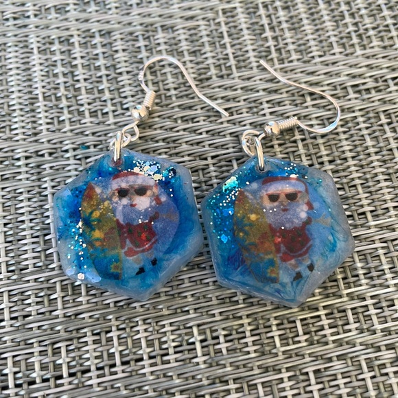 XMAS Handmade Festive Small Holiday Vibes Earrings Blue hexagon - Picture 3 of 13